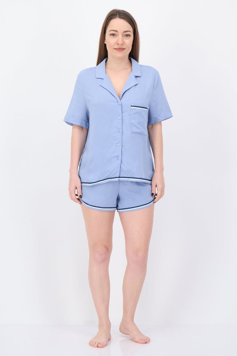 NINE WEST Women 2 Pieces Plain Top And Shorts Pyjama Set, Slate Blue - Image 2